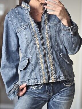 Lois Vintage Y2K Embroidered Denim Jacket Western Boho Zip Up XL Oversized